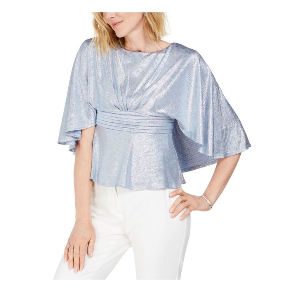 ADRIANNA PAPELL Womens Light Blue Capelet 3/4 Sleeve Peplum Top Petites 4P